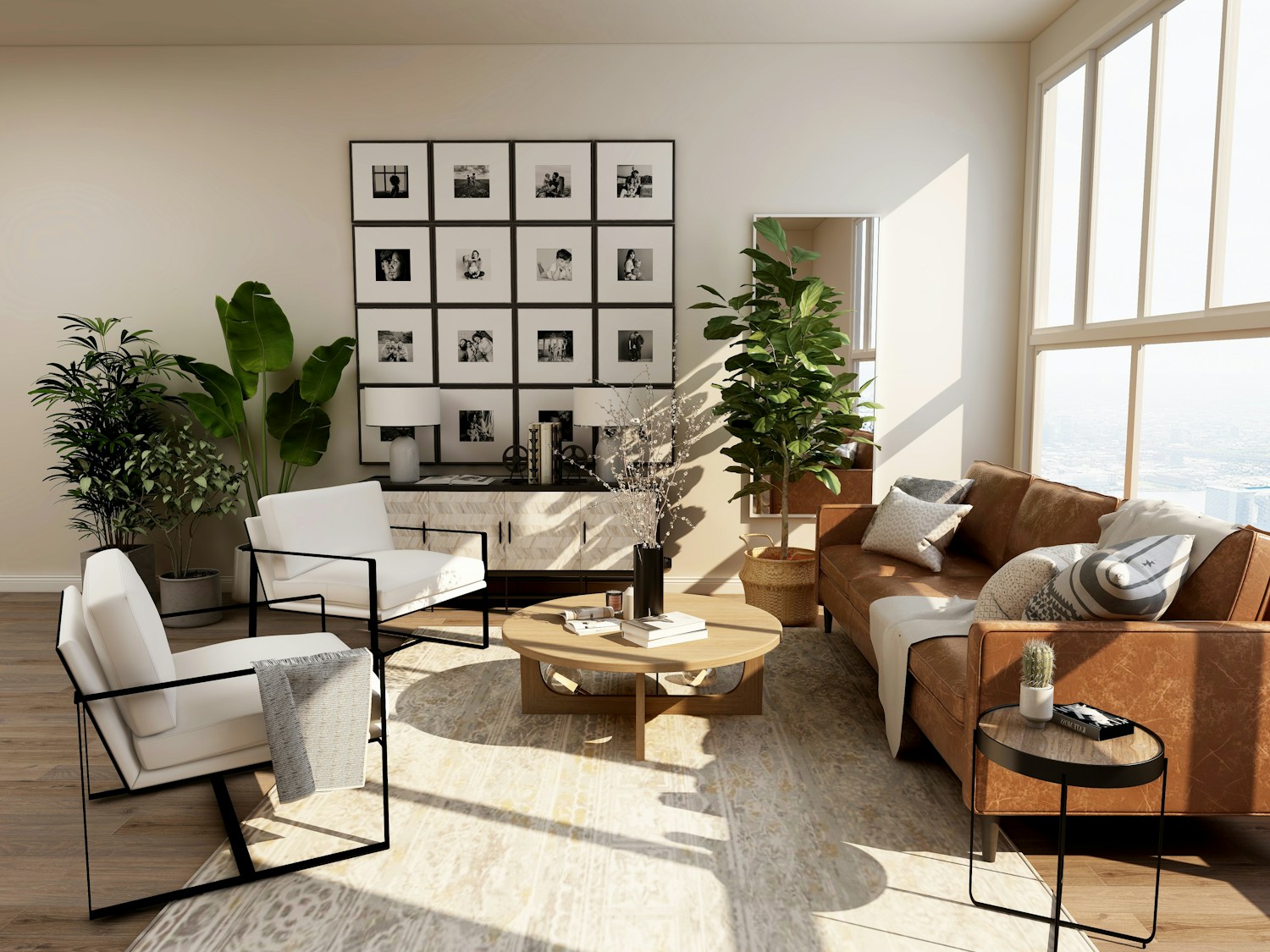 Sunlit living room with neutral furnishings and an open, welcoming layout