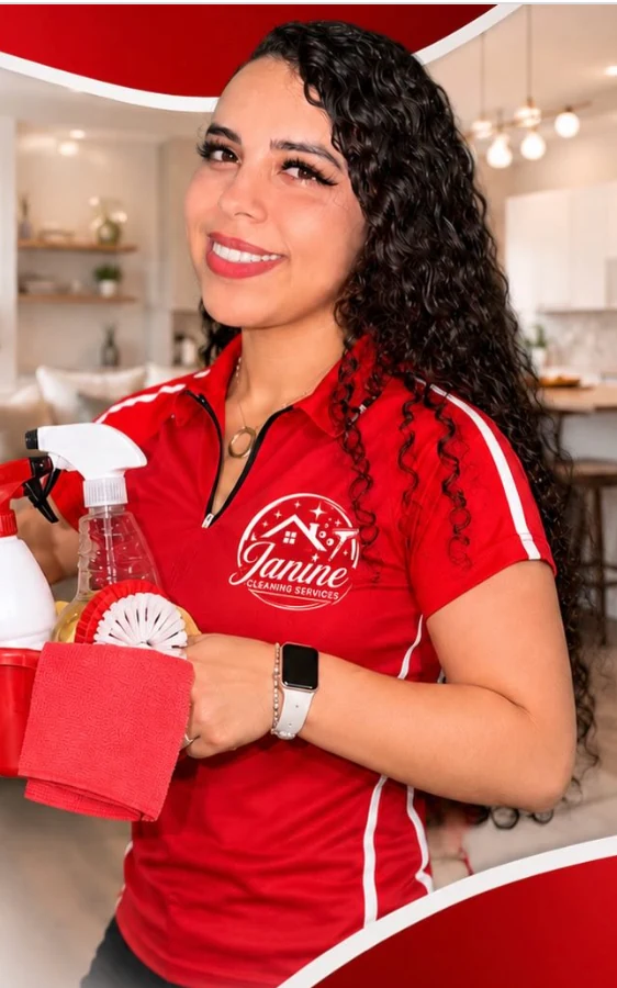 Janine Cleaning Services team member wearing a red branded uniform with cleaning supplies